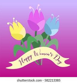 Greeting card with Women's Day on 8 March with flowers.