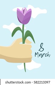 Greeting card with Women's Day on 8 March with flowers.