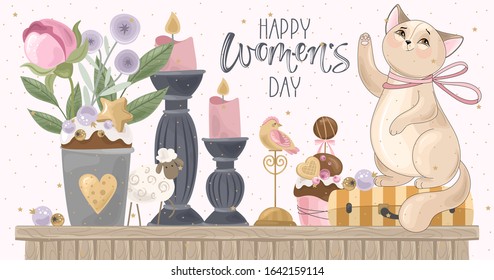 Greeting card for women's day. Romantic cat with holiday elements. The inscription by hand. Vector illustration.
Template for invitations, greetings, greetings, posters.