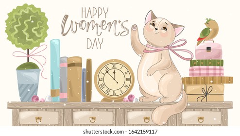 Greeting card for women's day. Romantic cat with holiday elements. The inscription by hand. Vector illustration.
Template for invitations, greetings, greetings, posters.