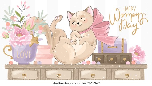 Greeting card for women's day. Romantic cat with holiday elements. The inscription by hand. Vector illustration.
Template for invitations, greetings, greetings, posters.