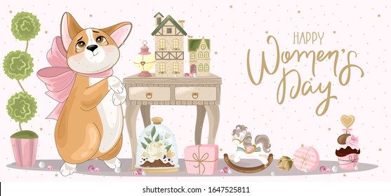 Greeting card for women's day. Romantic dog with holiday elements. The inscription by hand. Vector illustration.
Template for invitations, greetings, greetings, posters.
