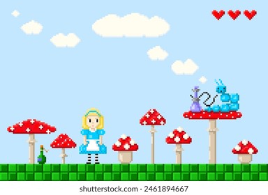 Greeting card of wonderland pixel art  in style of eight-bit game.  Alice and caterpillar,  mushrooms in style of 8-bit game. Vector illustration.