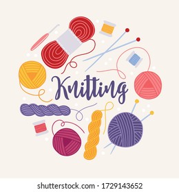 Greeting card with wool yarn, threads, needles isolated on beige background. Circle ornament. Knitting concept in cartoon style. Vector illustration