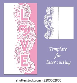 Greeting card with the word love and floral lace. Template for laser cutting of any materials. For the design of wedding invitations, greetings and cards Happy Valentine's Day. Vector