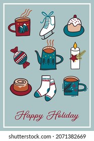 Greeting card with the words Happy Holiday. Attributes of cosiness and festive mood of Christmas season on blue background. Vector illustration