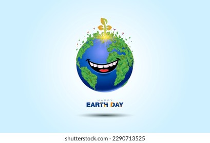 Greeting card for World Earth Day. Save planet, environment. Green sustainable, Eco friendly happy 3d earth.