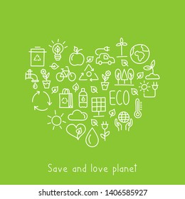 Greeting card for World Environment Day. Heart set of line ecology icons isolated on green background. Nature hand drawn symbol illustration.