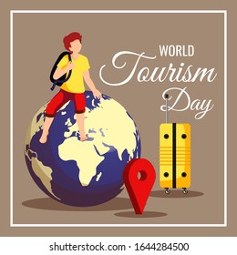 Greeting card for World Tourism Day. Boy sitting on the globe, location sign and suitcase. Square vector illustration for banner, poster, card, postcard.