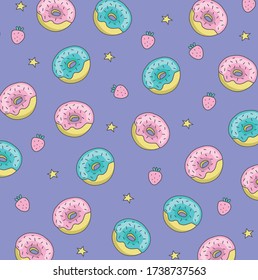 Greeting card. Wrapping paper or fabric. Seamless Pattern with strawberries,  stars and pink donuts on a purple background.