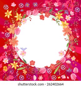 Greeting card with wreath of different flowers