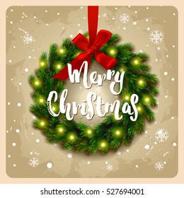  greeting card with wreath . Happy new year.  Hand drawn calligraphy Merry Christmas 