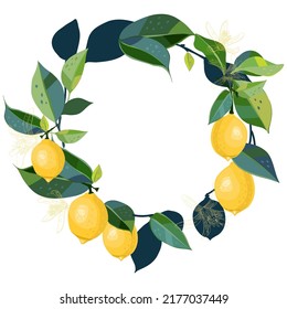 Greeting card with a wreath of lemons, leaves and flowers. Can be used to print on t-shirts, bags, phone cases, labels. Vector illustration.