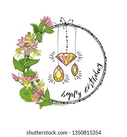 Greeting card with wreath from lotus flowers, diamond and gem stones, hand lettering happy birthday. Floral round decoration border, botanical design elements, stock vector illustration