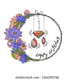 Greeting card with wreath from lotus flowers, diamond and gem stones, hand lettering happy birthday. Floral round decoration border, botanical design elements, stock vector illustration