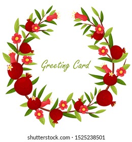 Greeting card with a wreath of pomegranate branches. Vector illustration.
