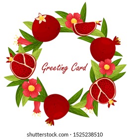 Greeting card with a wreath of twigs, flowers and pomegranate fruits. Vector illustration.