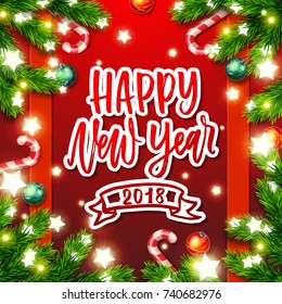  greeting card with wreath vector background. Hand drawn calligraphy. concept handwritten Happy new year.