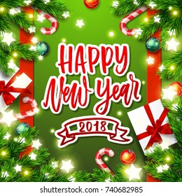  greeting card with wreath vector background. Hand drawn calligraphy. concept handwritten Happy new year.