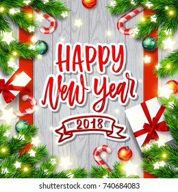 greeting card with wreath vector background. Hand drawn calligraphy. concept handwritten Happy new year.