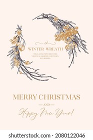 Greeting card with a wreath. Winter berries. Vector botanical illustration. Viburnum, barberry, hawthorn, ilex berries. Thuja and juniper branches. Seasonal frame. Black and white.