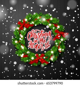  greeting card with wreath  Xmas vector background. Hand drawn calligraphy. concept handwritten Christmas in the air