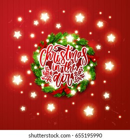  greeting card with wreath  Xmas vector background. Hand drawn calligraphy. concept handwritten Christmas in the air 