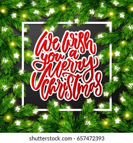  greeting card with wreath  Xmas vector background. Hand drawn calligraphy. concept handwritten we wish you a merry christmas