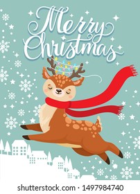 Greeting card with xmas deer. Merry christmas postcard, cute fawn and winter holidays. New 2020 Year winter invitation card with reindeer character cartoon vector illustration
