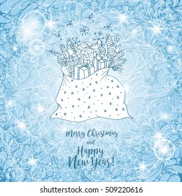 Greeting card with xmas gifts for Merry Christmas and Happy New Year 2017 print design. Vector template.