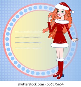 Greeting card in Xmas style. Dressed like Santa Claus girl with red hair and green eyes on blue background with some lines to make a wish. 