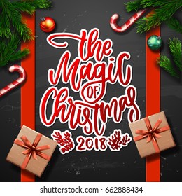  greeting card. Xmas vector background. Hand drawn calligraphy. concept handwritten the magic of Christmas