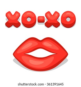 Greeting card with xo-xo and lips. Concept can be used for Valentines Day, wedding or love confession message.