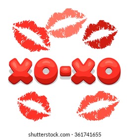 Greeting card with xo-xo and lips. Concept can be used for Valentines Day, wedding or love confession message.