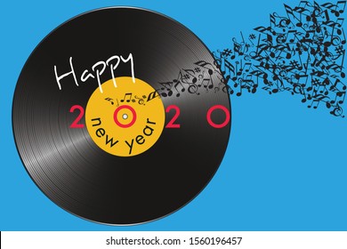 Greeting card for the year 2020 on the concept of music, with as symbol a vinyl record and a note banner flying away.