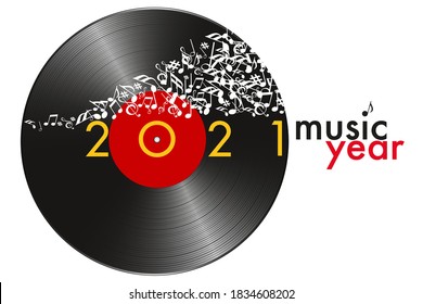 Greeting card for the year 2021 on the concept of music, with as symbol a vinyl record and a note banner flying away.