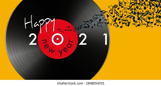 Greeting card for the year 2021 on the concept of music, with as symbol a vinyl record and a note banner flying away.