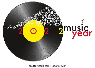 Greeting card for the year 2022 on the concept of music, with as symbol a vinyl record and a note banner flying away.