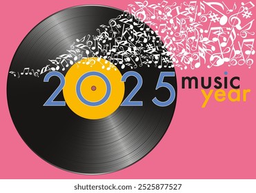 Greeting card for the year 2025 on the concept of music, with as symbol a vinyl record and a note banner flying away.