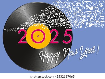 Tarjeta de felicitación para el año 2025 sobre el concepto de música, con como símbolo un disco de vinilo y un Anuncio de notas volando.