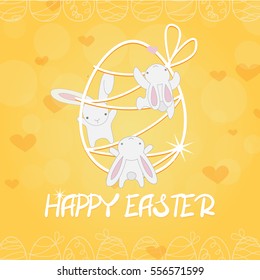 Greeting card in yellow pastel colors, three white little baby Easter rabbit climbing Easter egg. Cute funny festive bunny. Vector illustration Happy Easter, cartoon hand drawn character.
