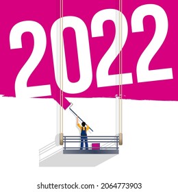 Greeting card for young energy companies, with a painter on his scaffolding painting a wall bright pink, revealing 2022. 