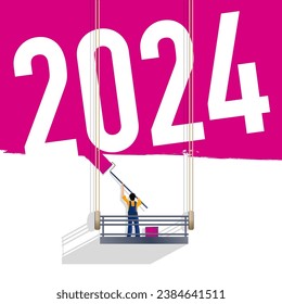 Greeting card for young energy companies, with a painter on his scaffolding painting a wall bright pink, revealing 2024.