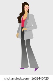 Greeting card with a young woman in jacket, fashion illustration in modern flat style 