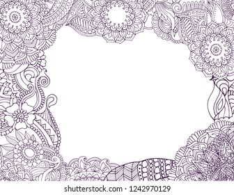Greeting card zentangle style templete blank in the middle. Adult coloring book style cover frame border