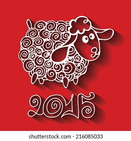 Greeting card.2015 Year of Sheep. Vector Cartoon outline curly  sheep with long shadow.Red background.White silhouette. Figures 2015 with.Illustration