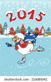 Greeting card.2015 Year of Sheep. Vector Cartoon sheep skate in the city.Winter landscape with fabulous homes. Figures 2015 with snow.Illustration