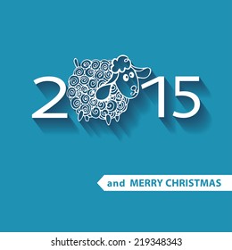 Greeting card.2015 Year of Sheep. Vector Figures 2015 with Cartoon outline curly sheep with  long shadow.Red background.Illustration
