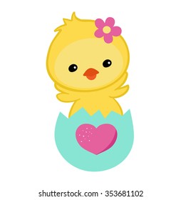 Greeting card.Cute chick congratulates on a white background.