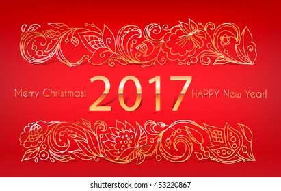 Greeting card.Happy new year 2017. Gold numbers and lettering on a red background. Template invitations, greeting cards,holiday cards.